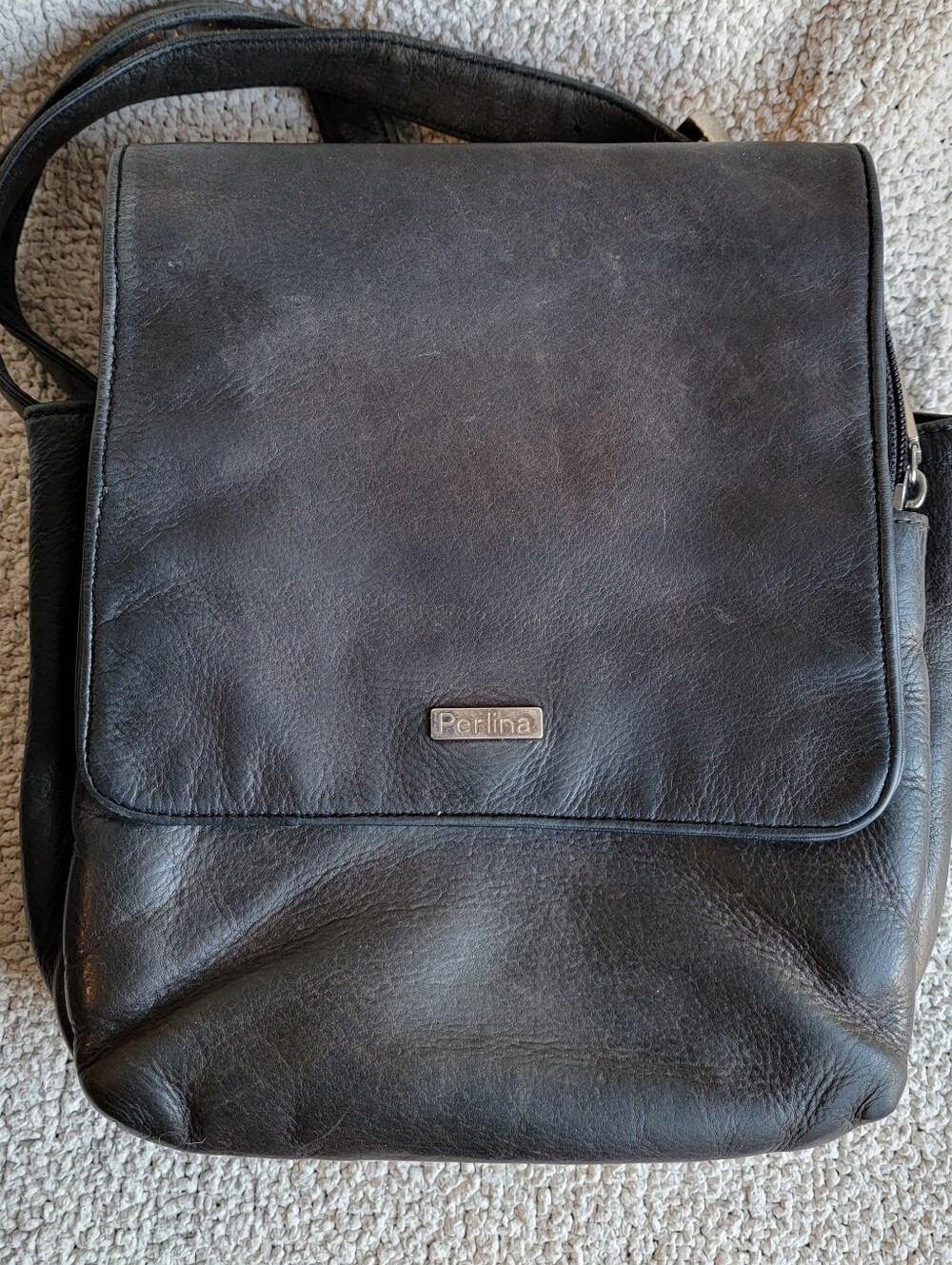 Vintage PERLINA Black Leather Backpack Silver Hardware Structured Front Flap